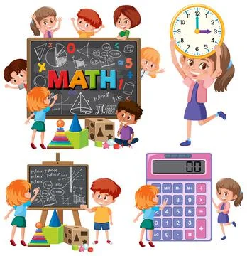 Math classroom objects with supplies and students イラスト素材