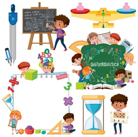 Math classroom objects with supplies and students イラスト素材