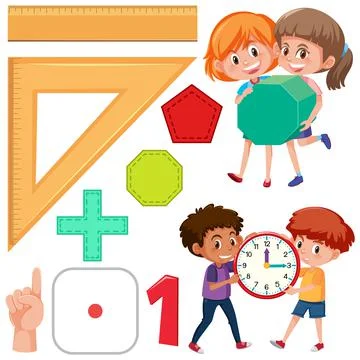 Math classroom objects with supplies and students イラスト素材