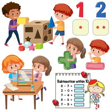 Math classroom objects with supplies and students イラスト素材