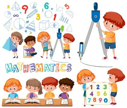 Math classroom objects with supplies and students イラスト素材