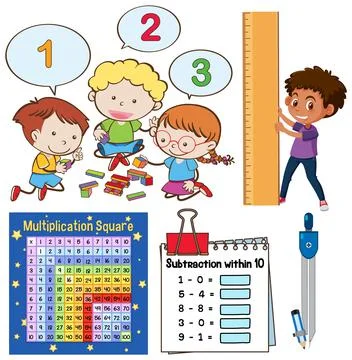 Math classroom objects with supplies and students イラスト素材