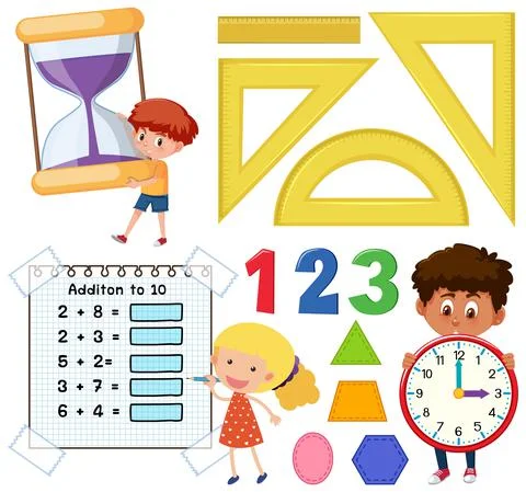 Math classroom objects with supplies and students イラスト素材