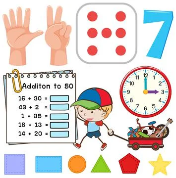 Math classroom objects with supplies and students Stock Illustration