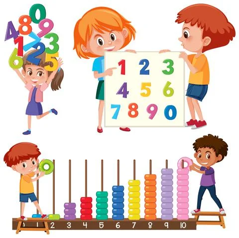 Math classroom objects with supplies and students Stock Illustration