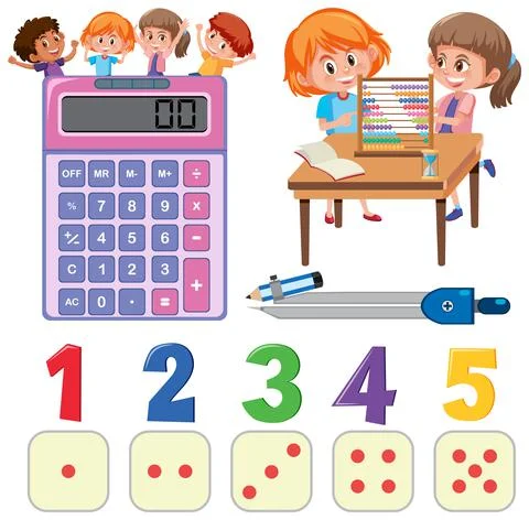 Math classroom objects with supplies and students イラスト素材