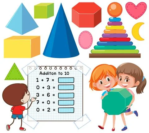 Math classroom objects with supplies and students イラスト素材