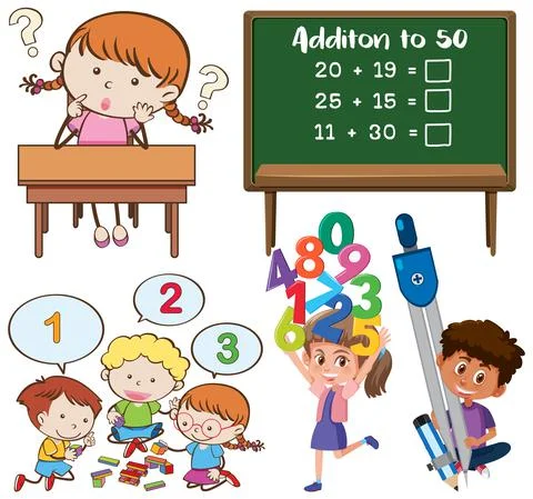 Math classroom objects with supplies and students Stock Illustration