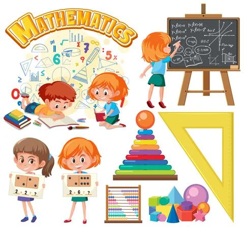 Math classroom objects with supplies and students Stock Illustration
