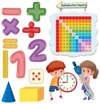 Math classroom objects with supplies and students イラスト素材