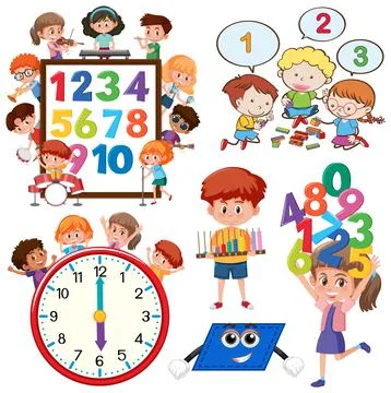 Math classroom objects with supplies and students Stock Illustration