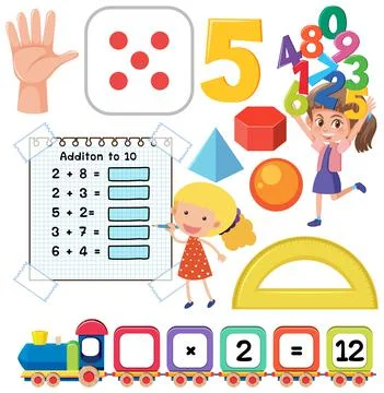 Math classroom objects with supplies and students イラスト素材