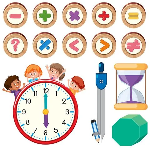 Math classroom objects with supplies and students Stock Illustration