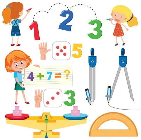 Math classroom objects with supplies and students Stock Illustration