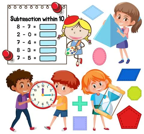 Math classroom objects with supplies and students イラスト素材