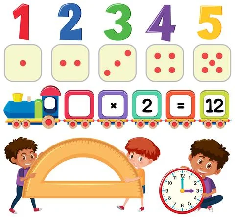 Math classroom objects with supplies and students Stock Illustration