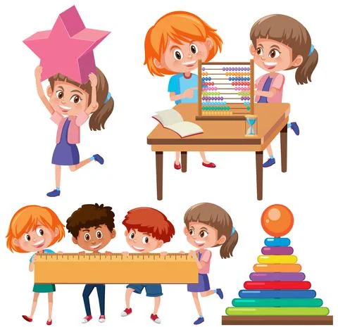 Math classroom objects with supplies and students Stock Illustration