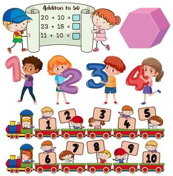 Math classroom objects with supplies and students Stock Illustration