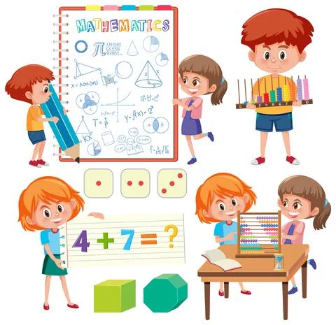 Math classroom objects with supplies and students Stock Illustration
