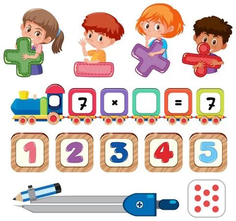 Math classroom objects with supplies and students Stock Illustration