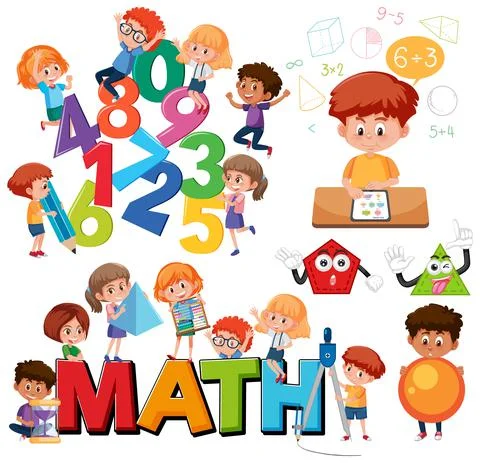 Math classroom objects with supplies and students イラスト素材