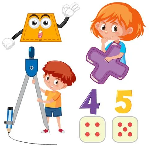 Math classroom objects with supplies and students Stock Illustration