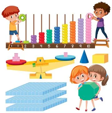 Math classroom objects with supplies and students Stock Illustration