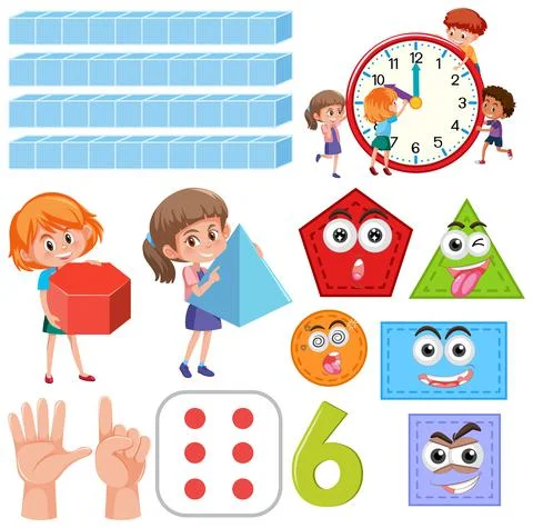 Math classroom objects with supplies and students Stock Illustration