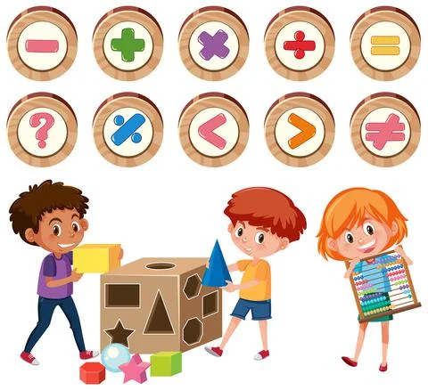 Math classroom objects with supplies and students Stock Illustration