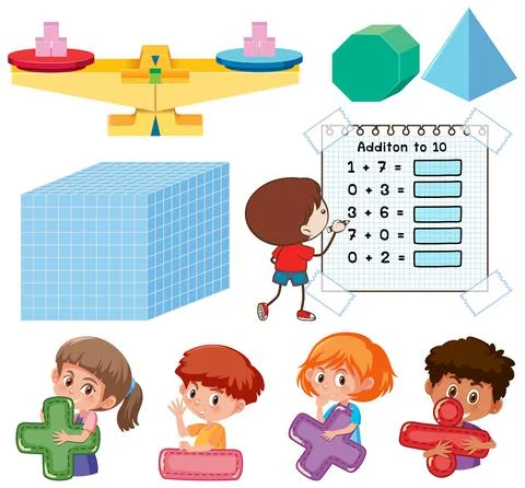 Math classroom objects with supplies and students Stock Illustration
