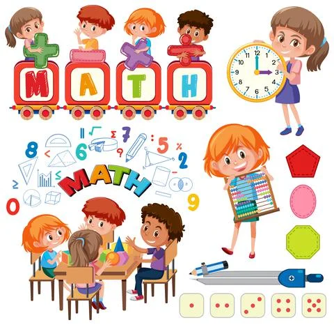 Math classroom objects with supplies and students Stock Illustration