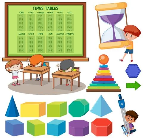 Math classroom objects with supplies and students Stock Illustration
