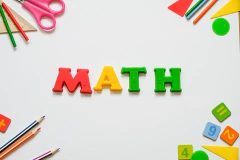 Math concept: colorful pens and pencils, number, calculating sticks in white Stock Photos