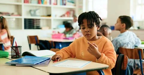 Math, count or boy in classroom for learning education, daycare or solution with Stock Photos