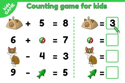 Math counting game cartoon cat and pet accessories Stock Illustration