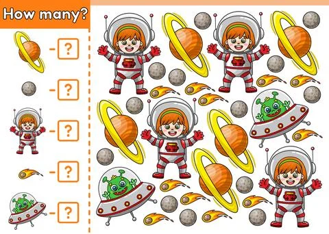 Math counting game How many space objects Stock Illustration