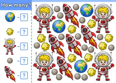 Math counting game How many space objects Illustrazione stock