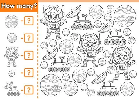 Math counting game How many outline space objects Stock Illustration