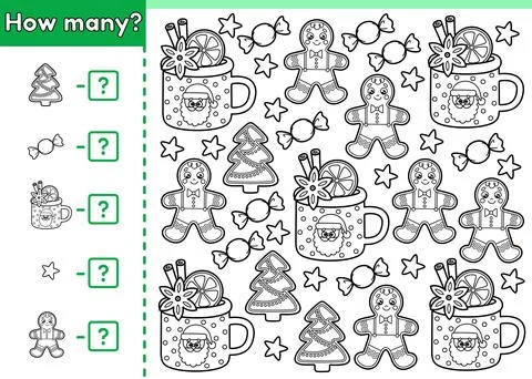 Math counting game How many outline Xmas sweets Stock Illustration