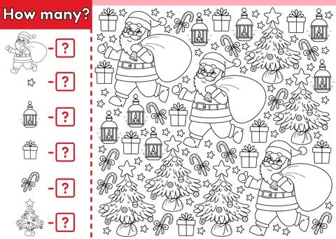 Math counting game How many outline Xmas objects Stock Illustration