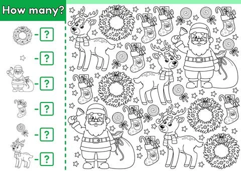 Math counting game How many outline Xmas objects Stock Illustration
