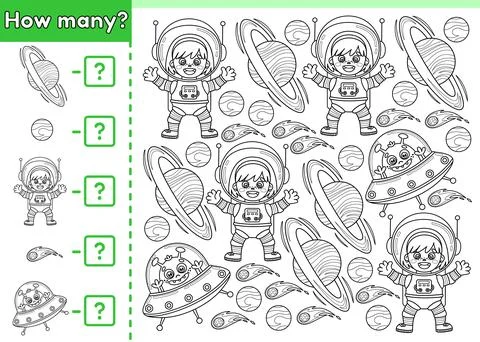 Math counting game How many outline space objects Stock Illustration