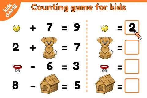 Math counting kids game cartoon puppy and dog toys Stock Illustration