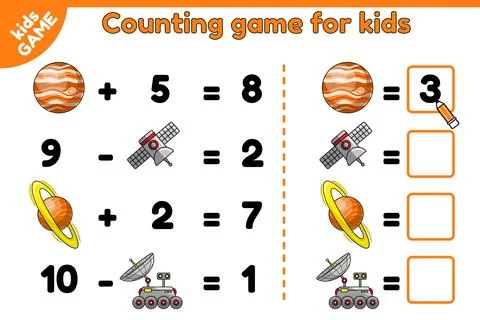 Math counting puzzle game for kids on space theme Illustrazione stock
