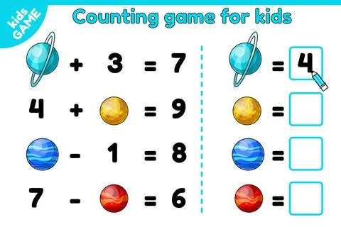 Math counting puzzle game for kids on space theme Stock Illustration