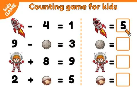 Math counting puzzle game for kids on space theme Illustrazione stock