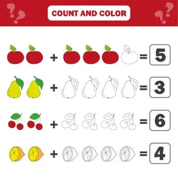 Math educational game for children. Counting equations. Addition worksheet Stock Illustration