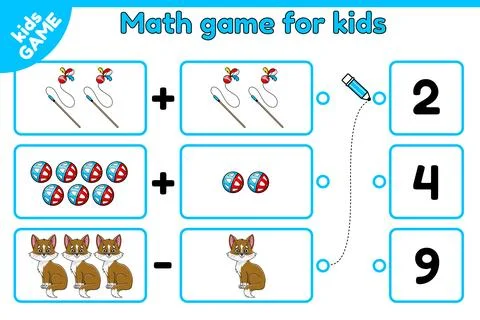 Math educational kids game with cartoon cats Stock Illustration
