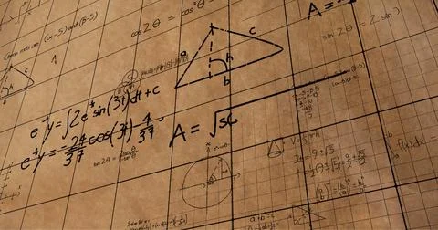 Math equations and figures animate on a screen with square patterns for back to Foto stock