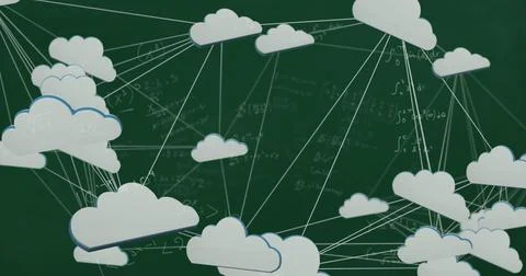 Math equations on board with cloud icons linked above. Stock Photos